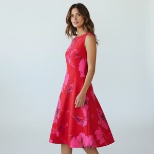 J. Peterman Women’s Size 12 Bright Floral‎ Red Fushia Regatta Fit & Flare Dress